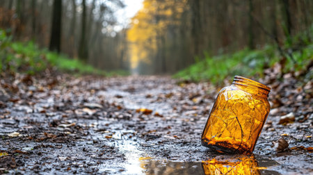 Shattered amber bottle glistens on damp woodland trail after rainfallの素材
