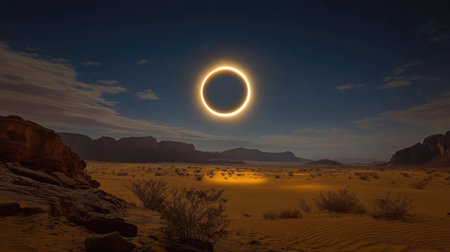 Rare solar eclipse casts surreal glow over arid nighttime desert sceneの素材