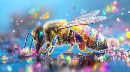 Extreme close-up of honeybee covered in pollen grains with glints of rainbow lightの素材