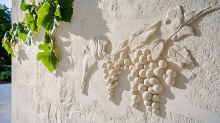Elegant vineyard relief etched into creamy wall texture in architectural settingの素材