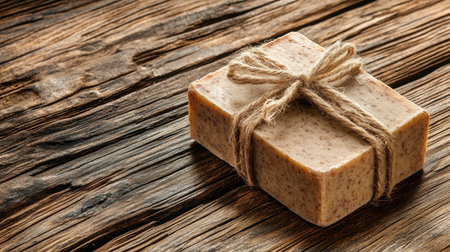 Natural artisan soap with rough texture and eco label, styled on rustic wood backgroundの素材