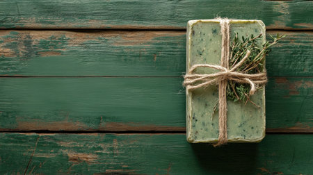 Handmade herbal soap bar wrapped in recycled kraft label, resting on aged wooden surfaceの素材