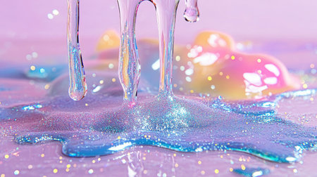 Shimmering pastel glitter drips over iridescent background in artistic shotの素材