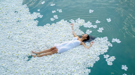 Peaceful woman lies afloat surrounded by delicate white petals on calm waterの素材