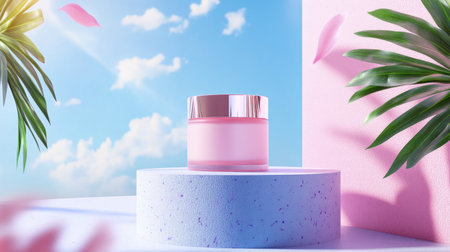 Minimal skincare product shot with pink cream jar on modern pastel surfaceの素材