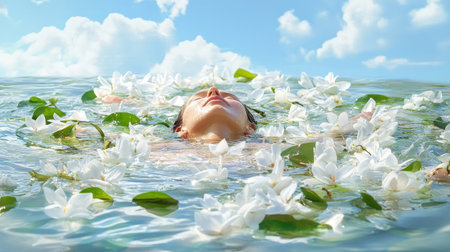 Peaceful woman lies afloat surrounded by delicate white petals on calm waterの素材