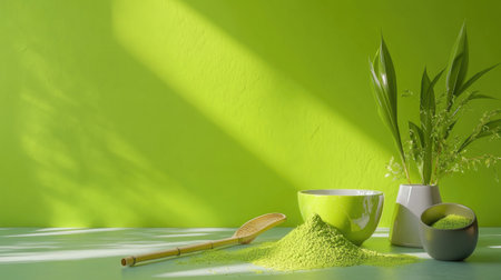 Matcha tea setup featuring vibrant green powder, bamboo tool, and minimal backgroundの素材