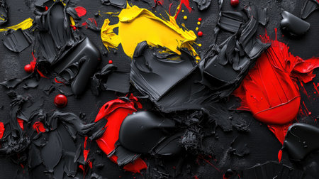 Sharp-edged dark shapes layered with chaotic red and yellow paint splatters on matte surfaceの素材