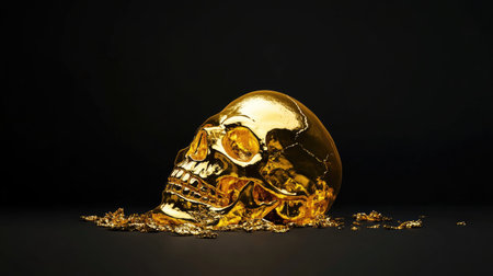 Shiny gold metallic skull resting against a black background in dramatic lightingの素材