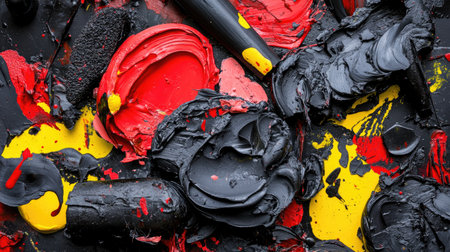 Sharp-edged dark shapes layered with chaotic red and yellow paint splatters on matte surfaceの素材