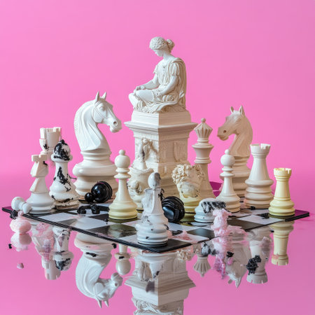 Classical Sculpture Amidst a Chess Game on a Reflective Surface with Pink Backgroundの素材