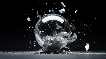 Shattered silver sphere bursting into metallic particles against black backgroundの素材