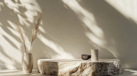 Minimal beige setup with marble pattern and cylindrical object in soft shadowsの素材