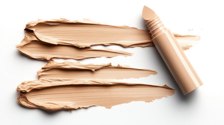 Cosmetic tube with smooth beige concealer swatch spread artistically on clean white backgroundの素材