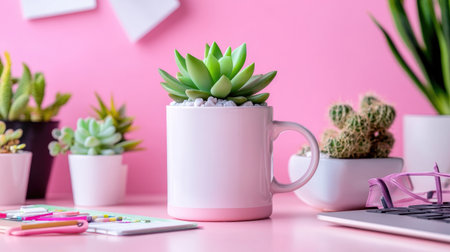 Clean pastel desk layout with pink and white elements, featuring a succulent in a coffee mugの素材