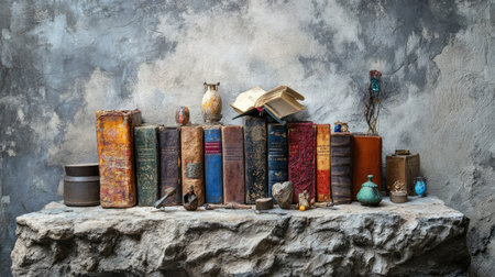 Ancient books with mysterious trinkets arranged on a rugged stone tableの素材