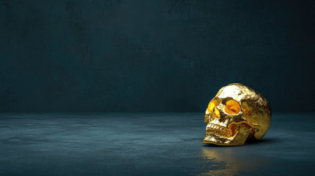 Artistic close-up of a golden skull sculpture glowing on a dark matte surfaceの素材