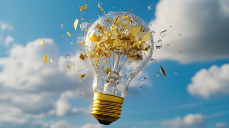 Dramatic golden lightbulb shattering mid-air with glass shards and cloudy sky behindの素材