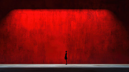 Dark silhouette contrasts with textured red granular wall in dramatic lightingの素材