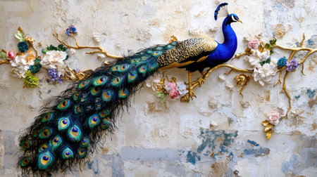 Luxurious peacock with black and gold plumage perched against cream floral wallpaperの素材