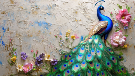 Artistic design of a regal peacock with metallic accents on soft floral cream backdropの素材