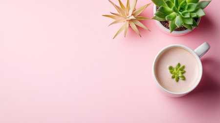 Clean pastel desk layout with pink and white elements, featuring a succulent in a coffee mugの素材