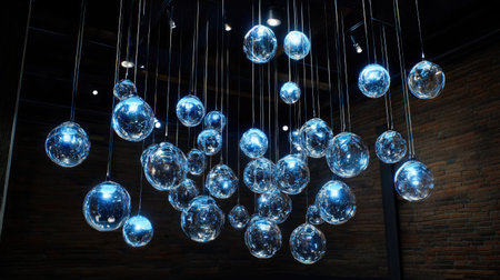 Cluster of glowing glass spheres suspended artistically from a ceiling in dim lightの素材