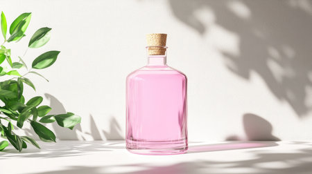 Pink tinted glass bottle mockup with cork stopper on soft neutral surfaceの素材