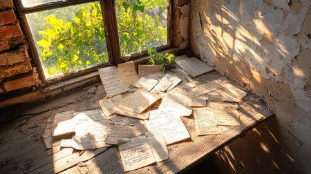 Faded handwritten letters and sepia photos lit by afternoon sun on rustic sillの素材