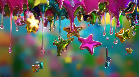 Iridescent goo dripping down with glittering paper stars caught in motion, dreamy vivid backgroundの素材