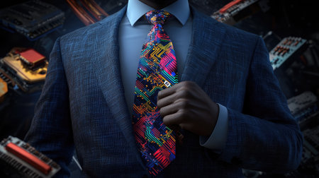 Modern leader with bright circuit-themed tie design, standing confidently in a digital era settingの素材