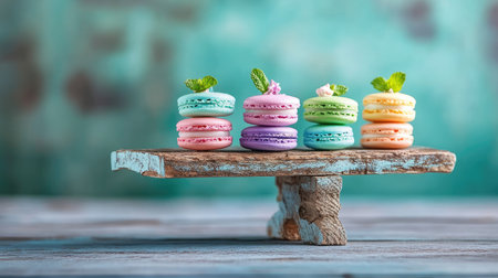 Macarons and mini cakes arranged artistically with mint on a rustic boardの素材