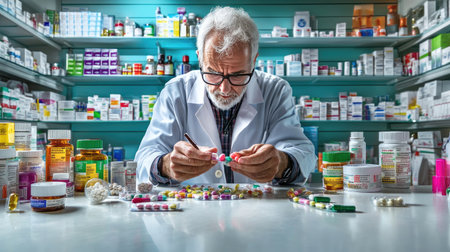 Pharmacist in lab coat standing behind counter, holding and reviewing prescription medicationの素材