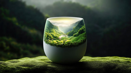 White ceramic cup holds an entire magical valley scene with sunlight and mist risingの素材