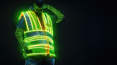 Neon safety vest glowing against dark backdrop, stripes catching the lightの素材