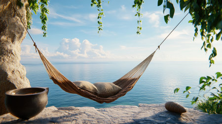Peaceful beachside hammock setup with ocean view, perfect for relaxation and serenityの素材
