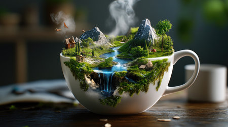 Whimsical landscape with tiny mountains and rivers emerging from inside a steaming coffee cupの素材
