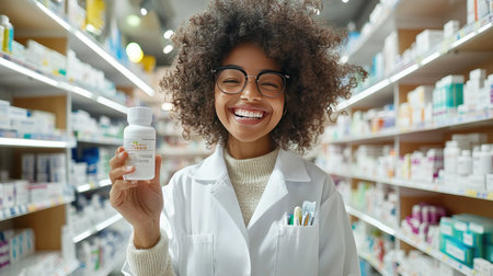 Smiling pharmacist holding medication bottle in modern pharmacy setting, shelves in backgroundの素材