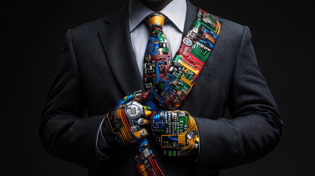 Modern leader with bright circuit-themed tie design, standing confidently in a digital era settingの素材