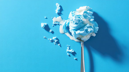 Abstract food photo of whipped pastel blue cream on spoon with shadows against bright backdropの素材
