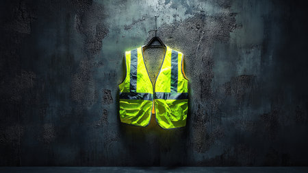 Neon safety vest glowing against dark backdrop, stripes catching the lightの素材