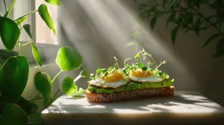 Morning light shining on freshly prepared avocado toast with egg and vibrant veggie toppingsの素材