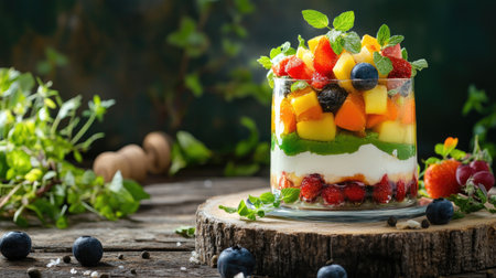 Aesthetic food photo with layered sweets and herbs on wooden backgroundの素材