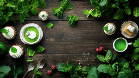 Top-down view of desserts and mint leaves creating elegant food styling on woodの素材