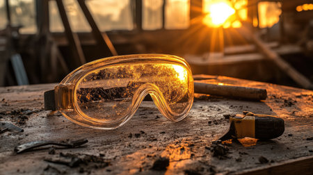 Clear safety goggles on rough workbench surface with golden sunset glow behindの素材