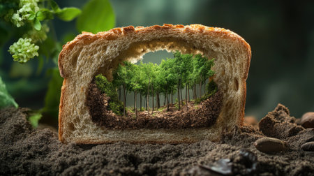 Surreal bread slice filled with miniature forest, trees peeking out from crusty edgesの素材