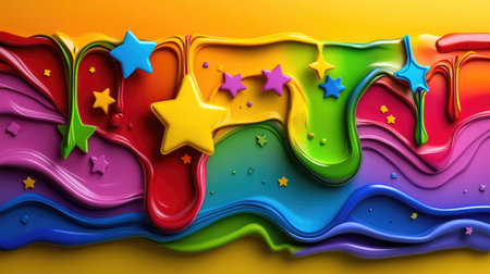 Bright abstract art scene with flowing liquid in rainbow tones, decorated with hand-cut starsの素材
