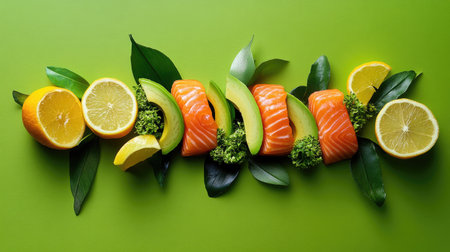 Clean and modern presentation of raw salmon and avocado slices with citrus accentsの素材