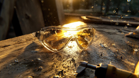 Clear safety goggles on rough workbench surface with golden sunset glow behindの素材