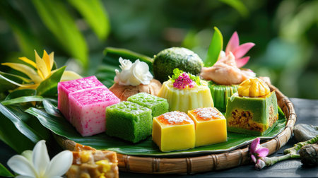 Brightly colored Thai desserts styled with green foliage on a ceramic plate, ready to be servedの素材